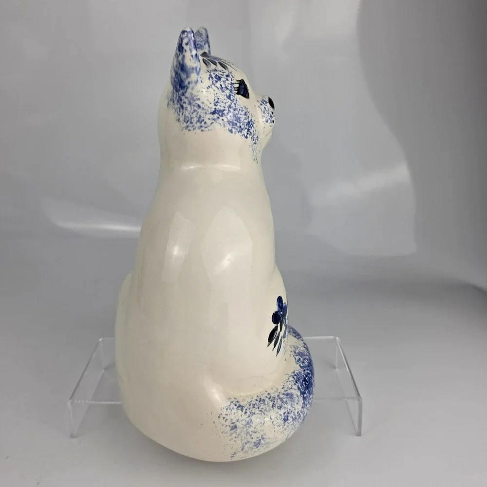 Vintage Blue White Cobalt Spongeware Ceramic Cat Figurine Large Sitting Folk Art